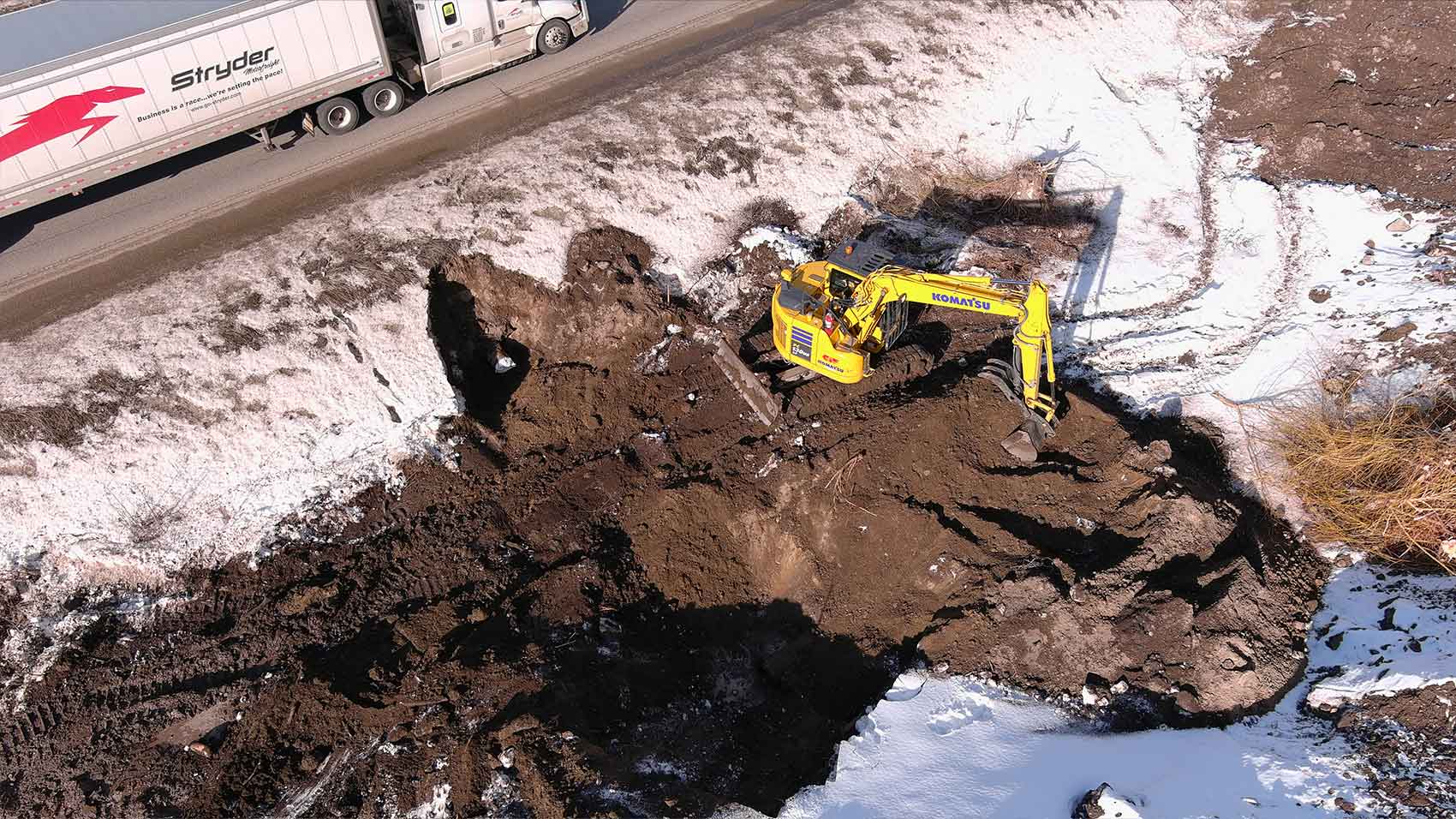 Overhead view of excavator digging